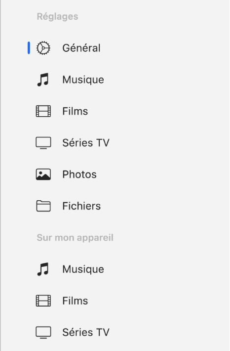 La barre latérale affichant le bouton Général et des boutons pour le contenu comme les morceaux, les films, les séries TV et plus encore.