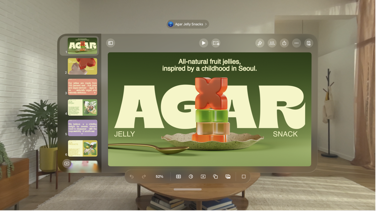 The Keynote app on Apple&nbsp;Vision&nbsp;Pro, showing an open presentation in editing view, with the toolbar visible at the bottom.