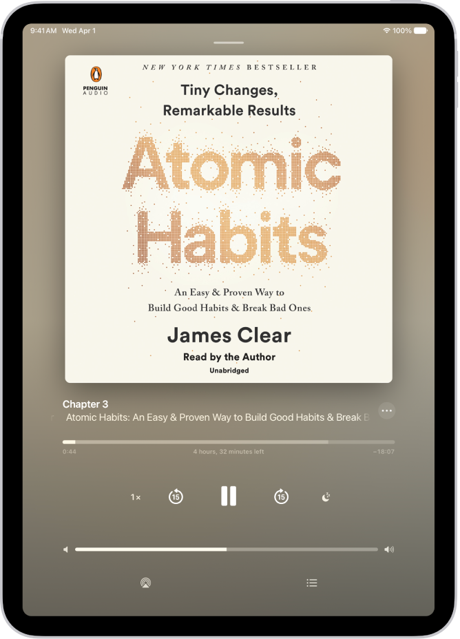 L’écran du lecteur de livres audio affiche, de haut en bas, la couverture du livre audio, le nom de la section en cours de lecture, la tête de lecture, le bouton de pause et les boutons Revenir et Avancer. En bas se trouve le curseur de volume et, en dessous, des boutons permettant de contrôler la vitesse de lecture, de régler une minuterie de veille, de choisir une destination de lecture et d’afficher une liste des pistes du livre.