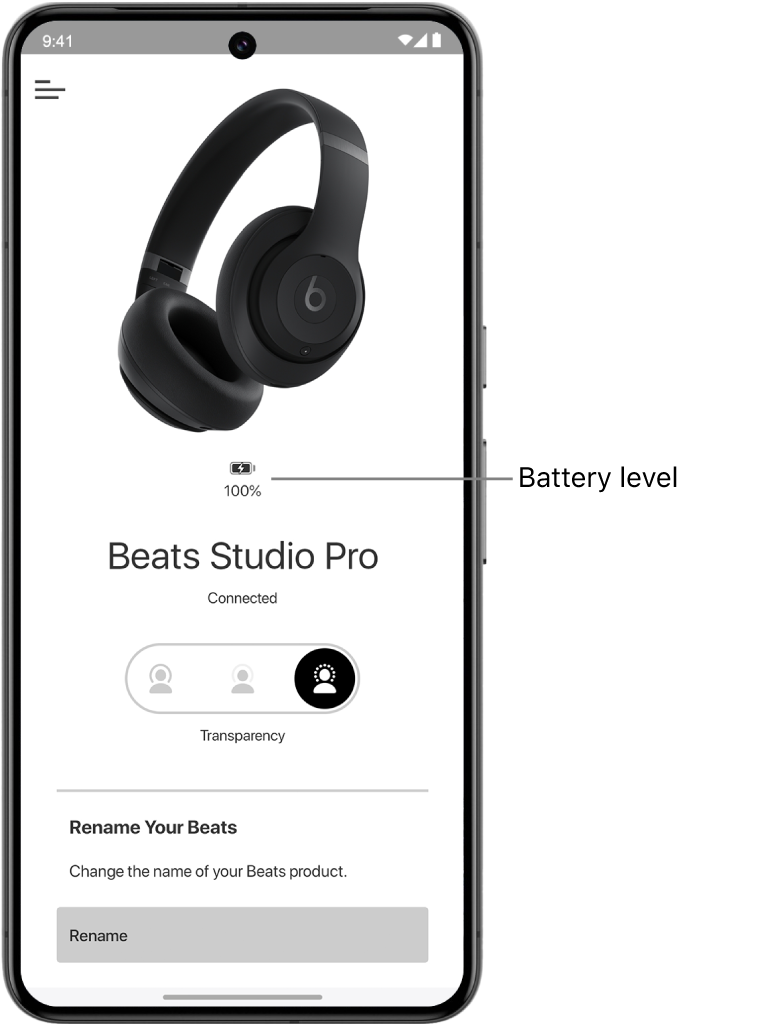 Beats app device screen showing battery level of connected Beats&nbsp;Solo&nbsp;4 headphones.