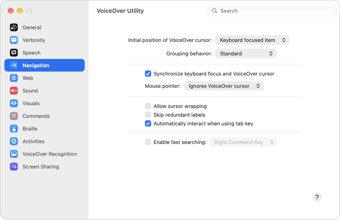 The VoiceOver Utility window showing the Navigation category selected in the sidebar on the left and its options on the right. At the bottom-right corner of the window is a Help button to display VoiceOver online help about the options.