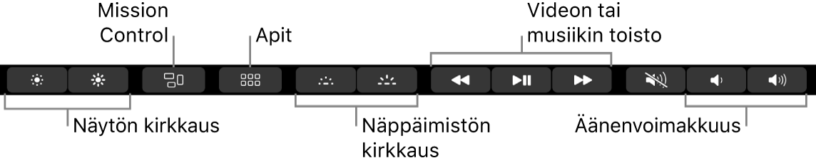 Laajennetun Control&nbsp;Stripin painikkeet ovat (vasemmalta oikealle) näytön kirkkaus, Mission&nbsp;Control, Apit, näppäimistön kirkkaus, videon tai musiikin toisto ja äänenvoimakkuus.