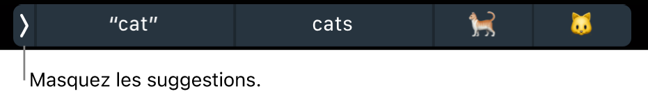 Des suggestions de saisie comprenant des mots et des emoji&nbsp;; le bouton affiché à gauche permet de masquer les suggestions.