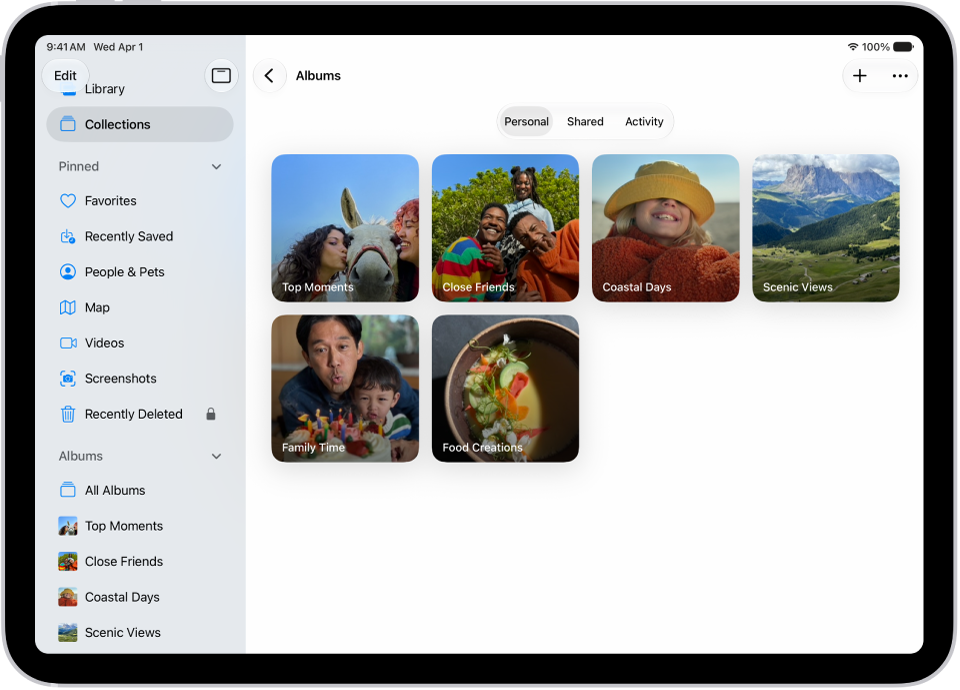 La app Fotos está abierta y muestra Álbumes. La opción Personal está seleccionada. El resto de la pantalla del iPad muestra miniaturas de álbumes en una cuadrícula.