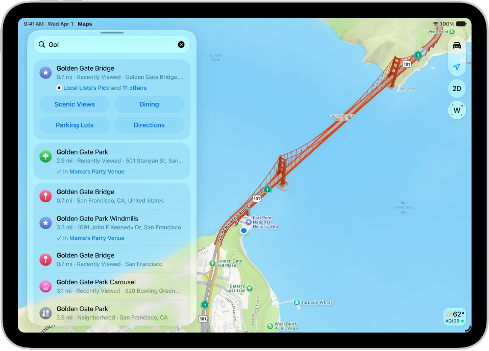The Maps app showing a map of a downtown area. On the left is the search field, categories for nearby services, City Guides, and recommended guides.