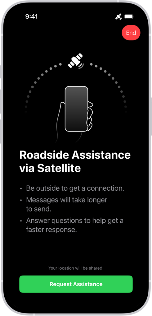 L’écran «&nbsp;Assistance routière par satellite&nbsp;». Le bouton «&nbsp;Solliciter une assistance routière&nbsp;» apparaît au bas de l’écran.