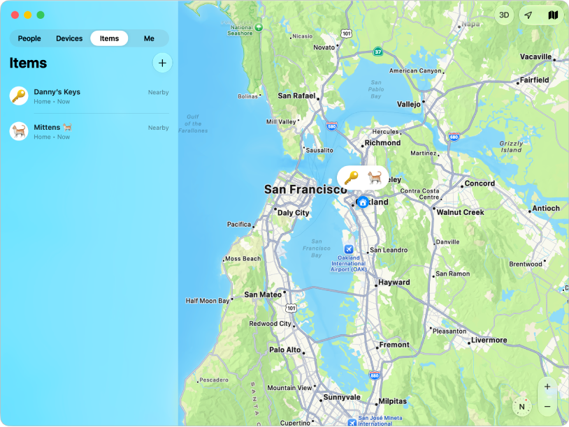 The Find My app showing a list of items in the sidebar and their locations on a map.