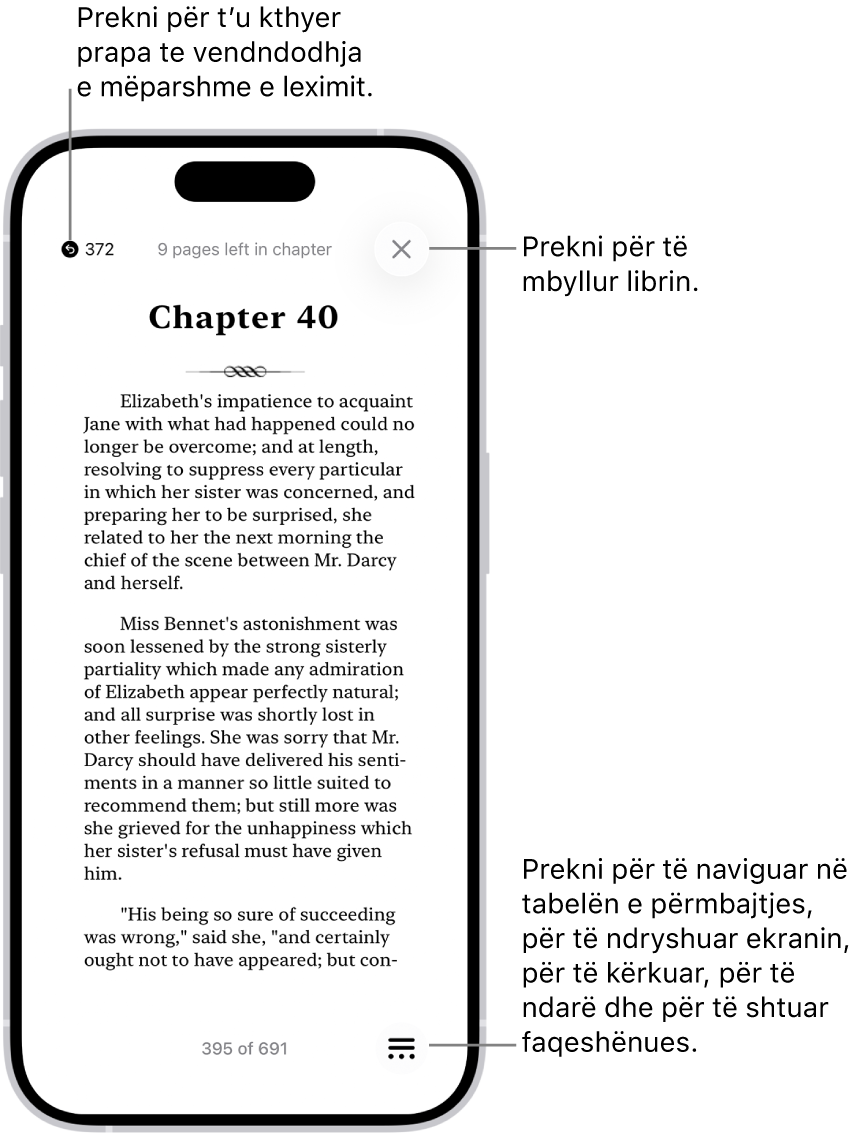 Një faqe e një libri në aplikacionin Books. Në krye të ekranit janë butonat për kthimin në faqen në të cilën keni filluar të lexoni dhe për mbylljen e librit. Në fund të djathtë të ekranit është butoni Menu.