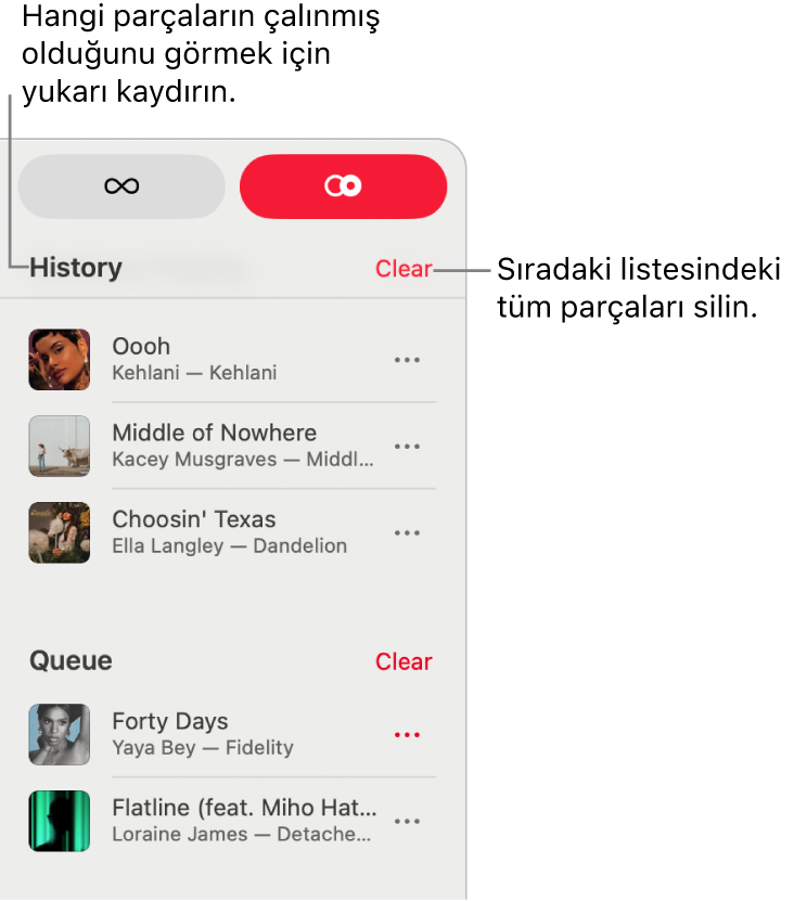 Sıra, Apple Music’in sağ üst köşesinde görünür durumdadır. Geçmiş ve Sıra bölümleri görünür.