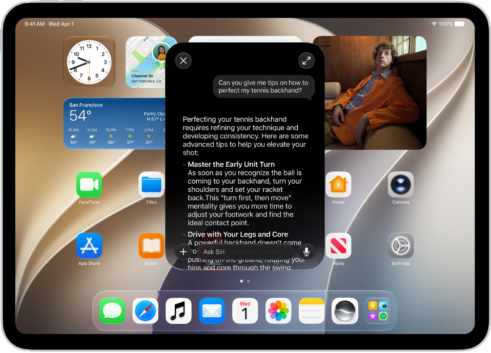 An iPad showing Siri answering a request about how to improve a tennis backhand.
