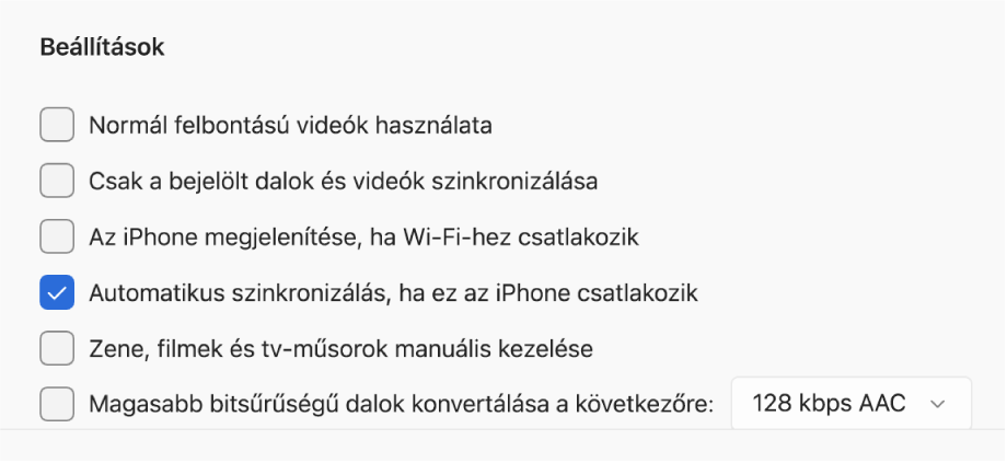 Az Apple-eszköz és a Windows-eszköz szinkronizálásainak beállításai. Az „Automatikus szinkronizálás, ha ez az iPhone csatlakozik” be van jelölve.