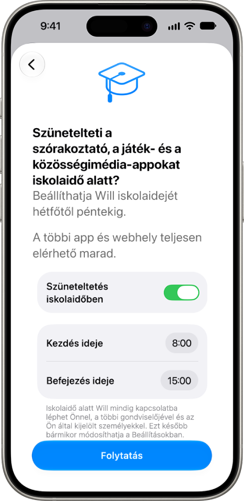 A szülői felügyelet beállítására szolgáló képernyő, amelyen láthatók azok az időszakok, amelyekben szüneteltetni kell az eszköz használatát az iskolai órák alatt.