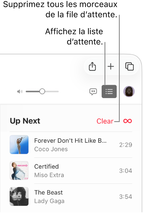 Le bouton Suivant est sélectionné en haut à droite d’Apple Music et la file d’attente est visible. Cliquez sur le lien Effacer en haut de la liste pour supprimer tous les morceaux de la file d’attente.