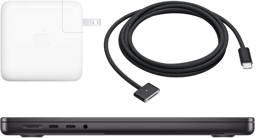 Side view of a MacBook Pro with power adapter and charge cable.