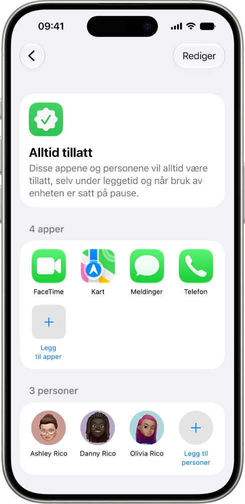 Alltid tillatt-skjermen i Skjermtid-innstillingene viser apper og kontakter som alltid er tillatt.