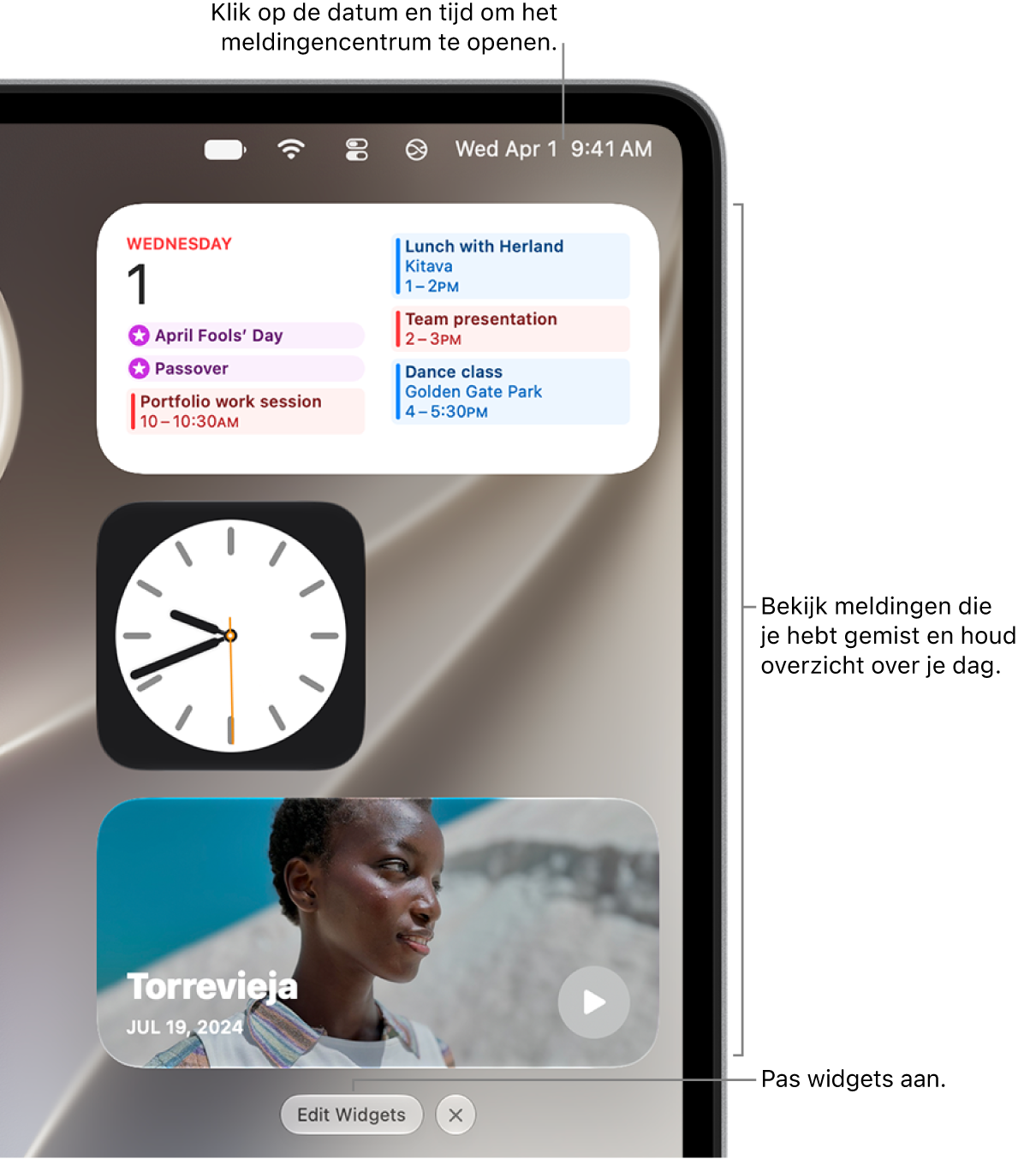 Het meldingencentrum met de widgets Agenda, Klok en Foto's.