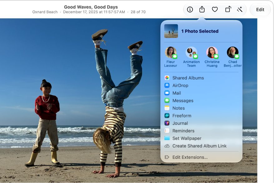 The Share menu, shown from the Share button in the Safari toolbar. The Share menu includes AirDrop, Messages, and more.