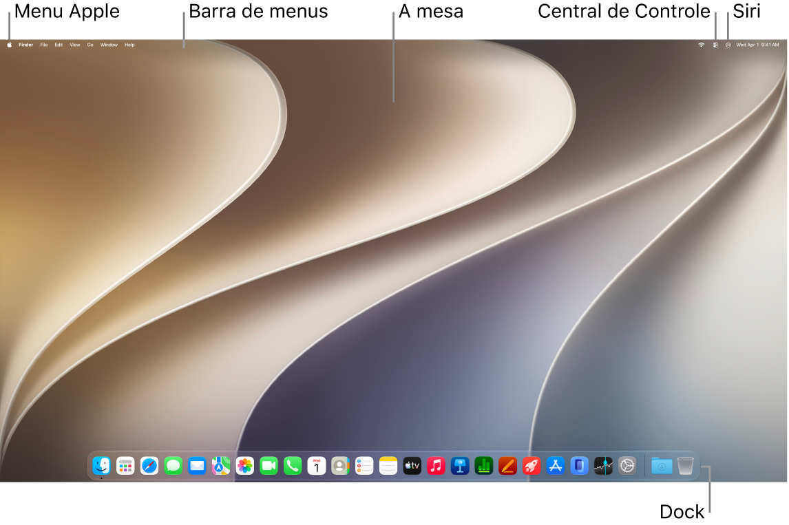 A mesa de um Mac com a barra de menus na parte superior da tela e o Dock na parte inferior.