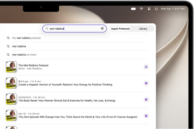 The Apple Podcasts window showing a search query and a list of search results.