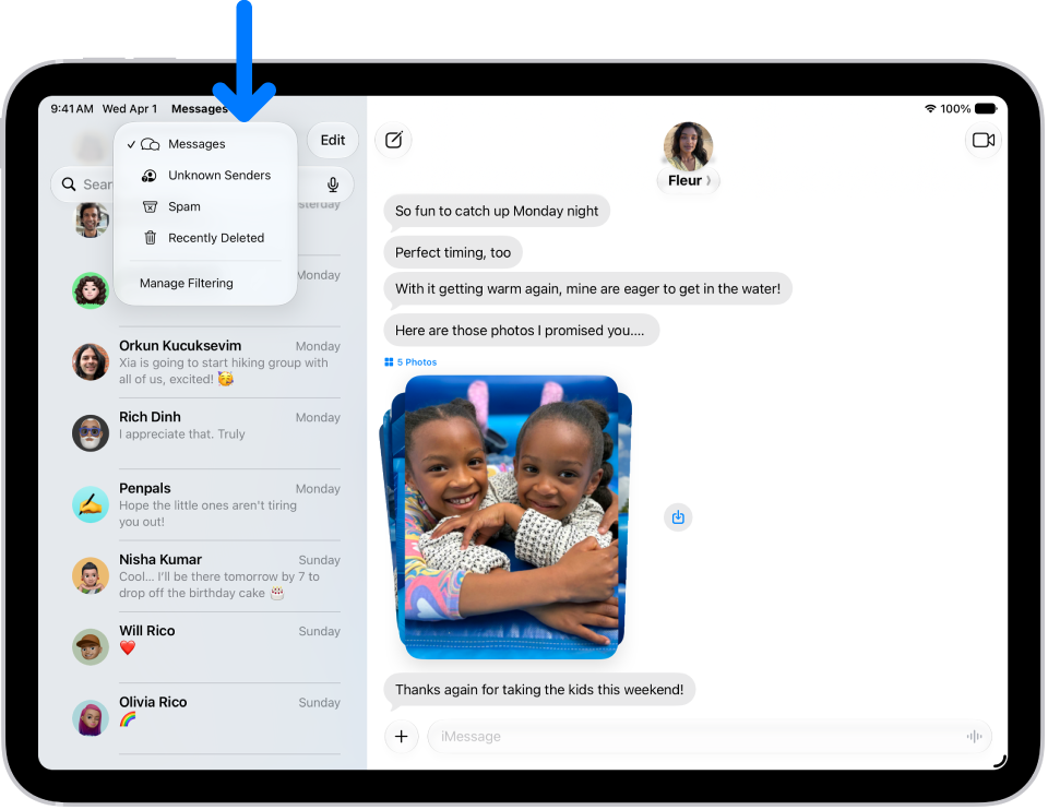 A conversation list in Messages. All messages are shown, because no filter is selected in the Filter menu.