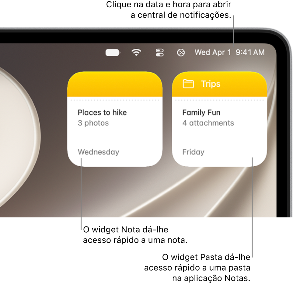 Dois widgets da aplicação Notas: o widget Pasta mostra uma pasta na aplicação Notas e o widget Nota mostra uma nota. Clique na data e hora na barra de menus para abrir a central de notificações.