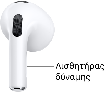 Η θέση του αισθητήρα&nbsp;δύναμης στα AirPods&nbsp;3, κατά μήκος του στελέχους και των δύο AirPods.