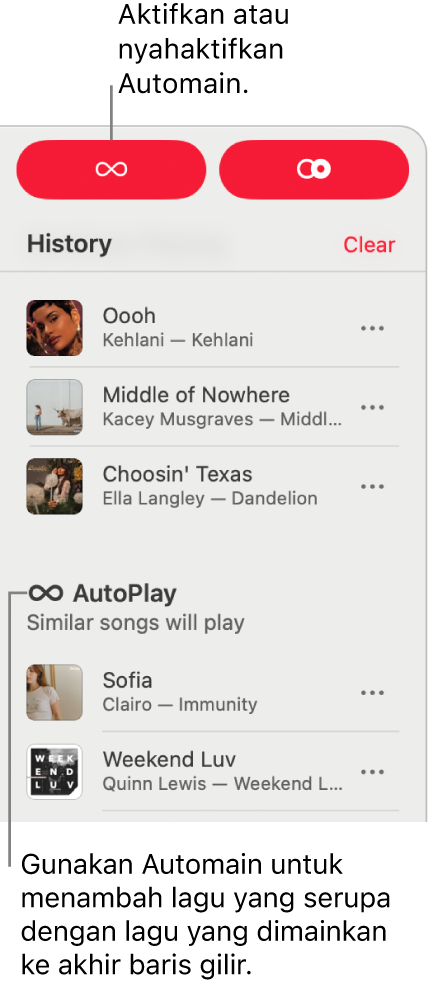 Sejarah kelihatan di penjuru kanan atas Apple&nbsp;Music. Bahagian Automain juga ditunjukkan.