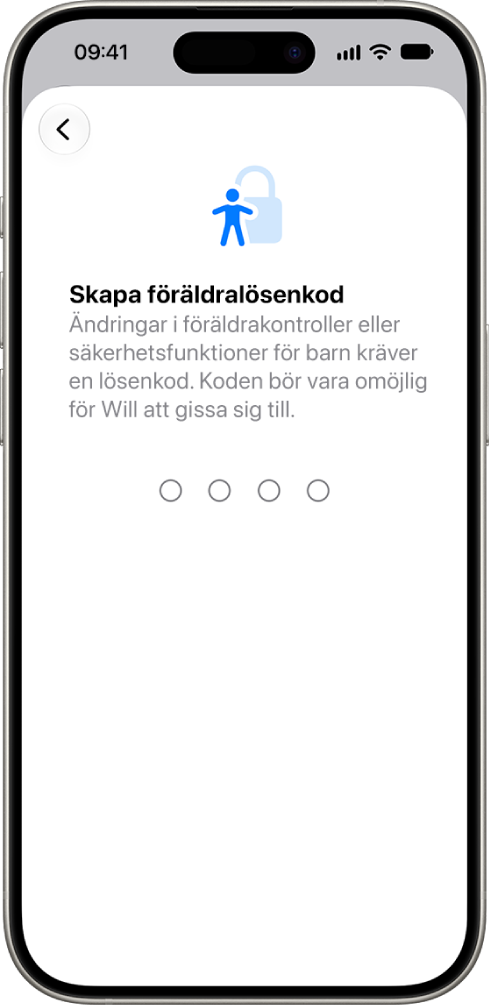 Inställningsskärmen för föräldrakontroller med alternativ för att skapa en lösenkod till Skärmtid.