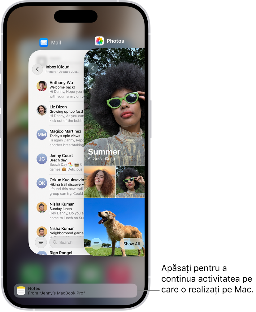 Comutatorul de aplicații de pe iPhone afișând o notificare Handoff în partea de jos a ecranului.