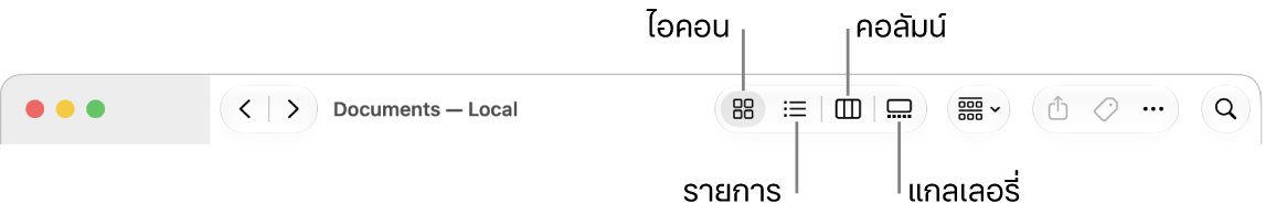 ด้านบนสุดของหน้าต่าง Finder ที่แสดงปุ่มตัวเลือกมุมมองสำหรับโฟลเดอร์