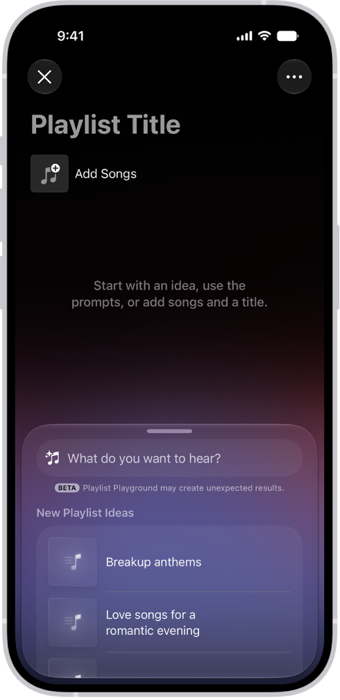 Écran de l’app musique d’Apple affichant la page de création Playlist Playground avec un titre, un bouton manuel pour ajouter des morceaux et une barre de recherche avec des suggestions de playlists telle que «&nbsp;Spécial rupture&nbsp;».