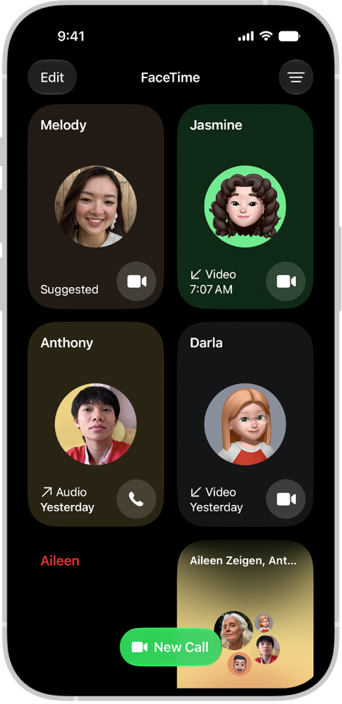 FaceTime 通話畫面。「新通話」按鈕位於螢幕底部。