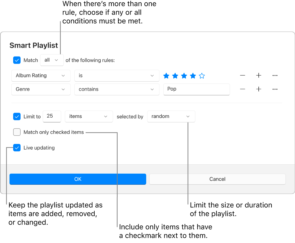 The Smart Playlist dialog: In the top-left corner, select Match, then specify the playlist criteria (such as genre or rating). Continue to add or remove rules by selecting the Add or Remove button on the right. Select various options in the lower portion of the dialog such as limiting the size or duration of the playlist, including only songs that are checked, or having Apple Music update the playlist as items in your library change.