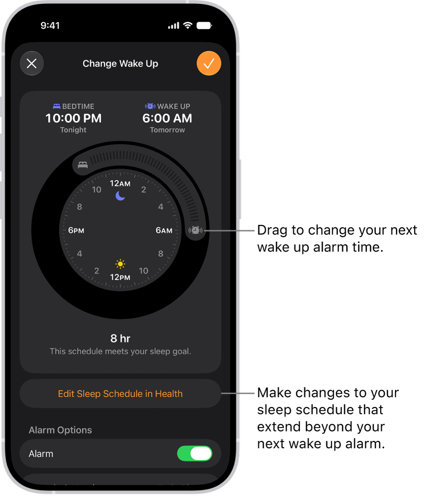 A screen for changing the next wake up alarm. The position of the ringing alarm button sets the time of the alarm.