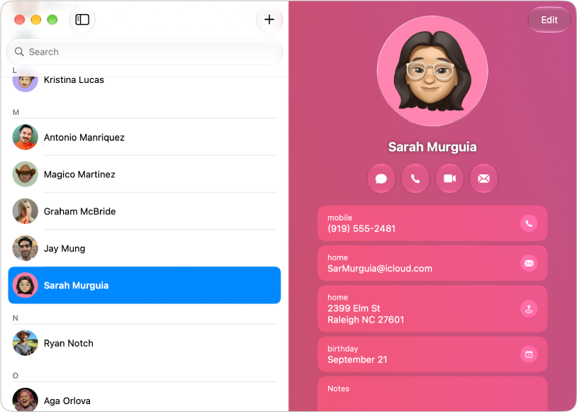 The Contacts window showing a contact with an address.