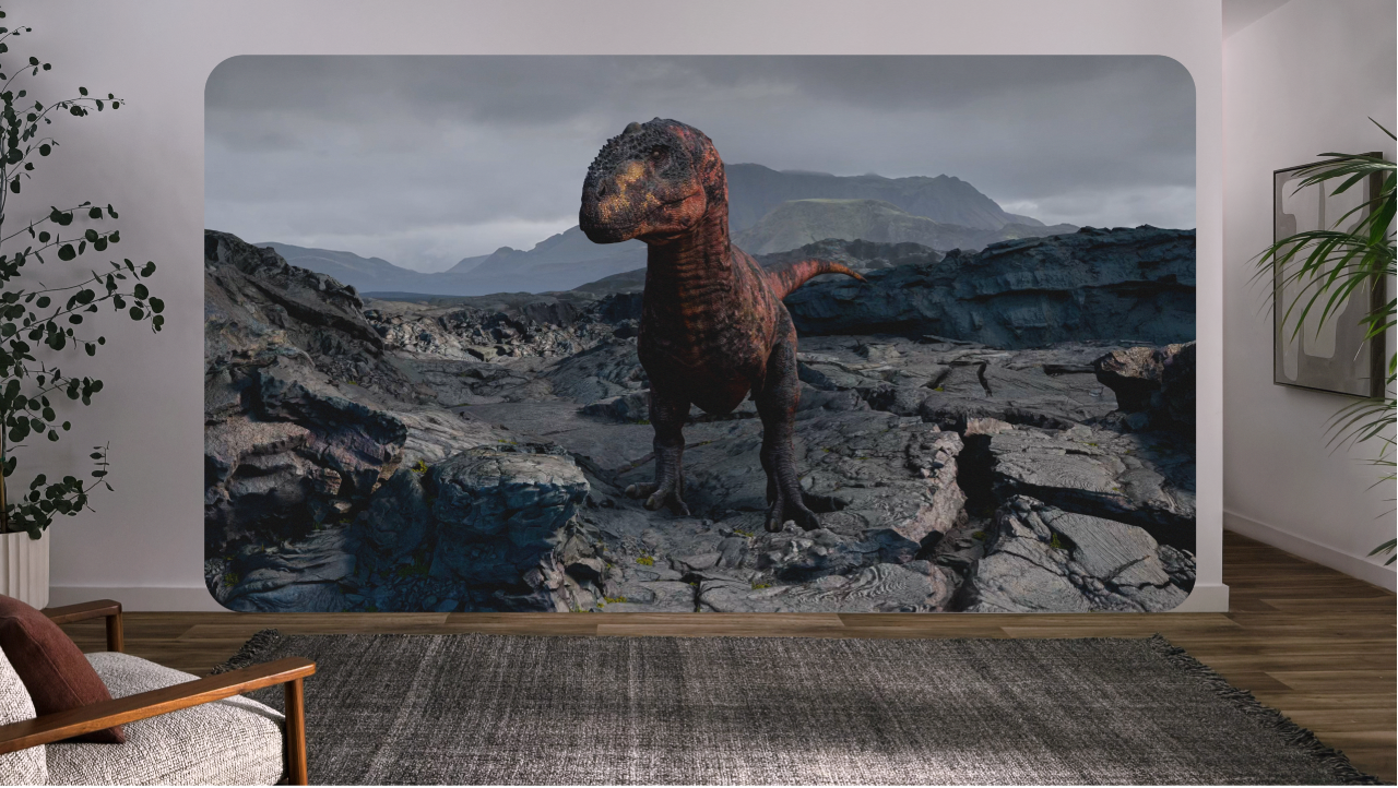 Encounter Dinosaurs on Apple&nbsp;Vision&nbsp;Pro, showing a dinosaur on a rocky landscape.