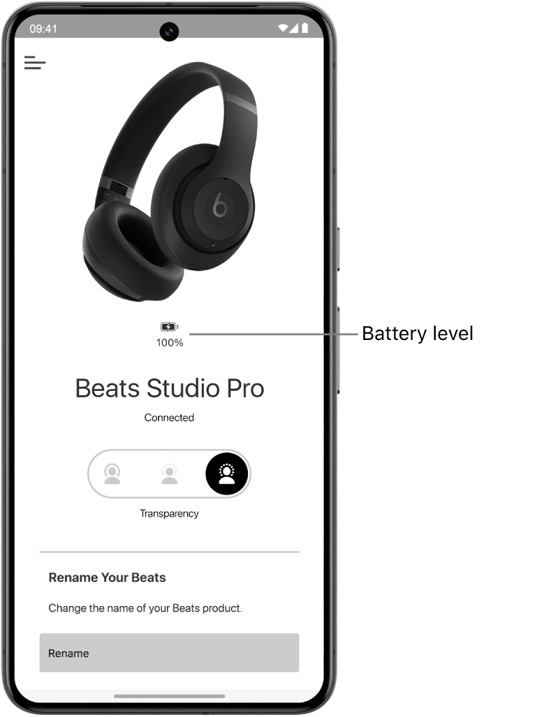 Beats app device screen showing battery level of connected Beats&nbsp;Solo&nbsp;4 headphones.