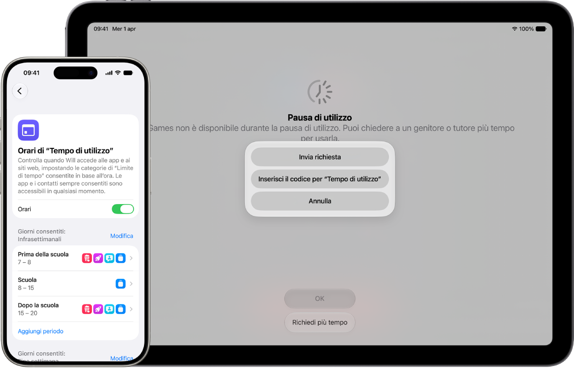 iPhone di un genitore che mostra il programma “Tempo di utilizzo” di un bambino con finestre temporali per “Prima della scuola”, Scuola e “Dopo la scuola”. iPad di un bambino che indica che il tempo di utilizzo del dispositivo supera l’orario stabilito.