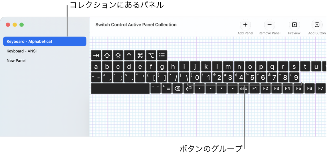 パネルコレクションのウインドウの一部。キーボードパネルのリストが左側に、パネルに含まれるボタンやグループが右側に表示されています。