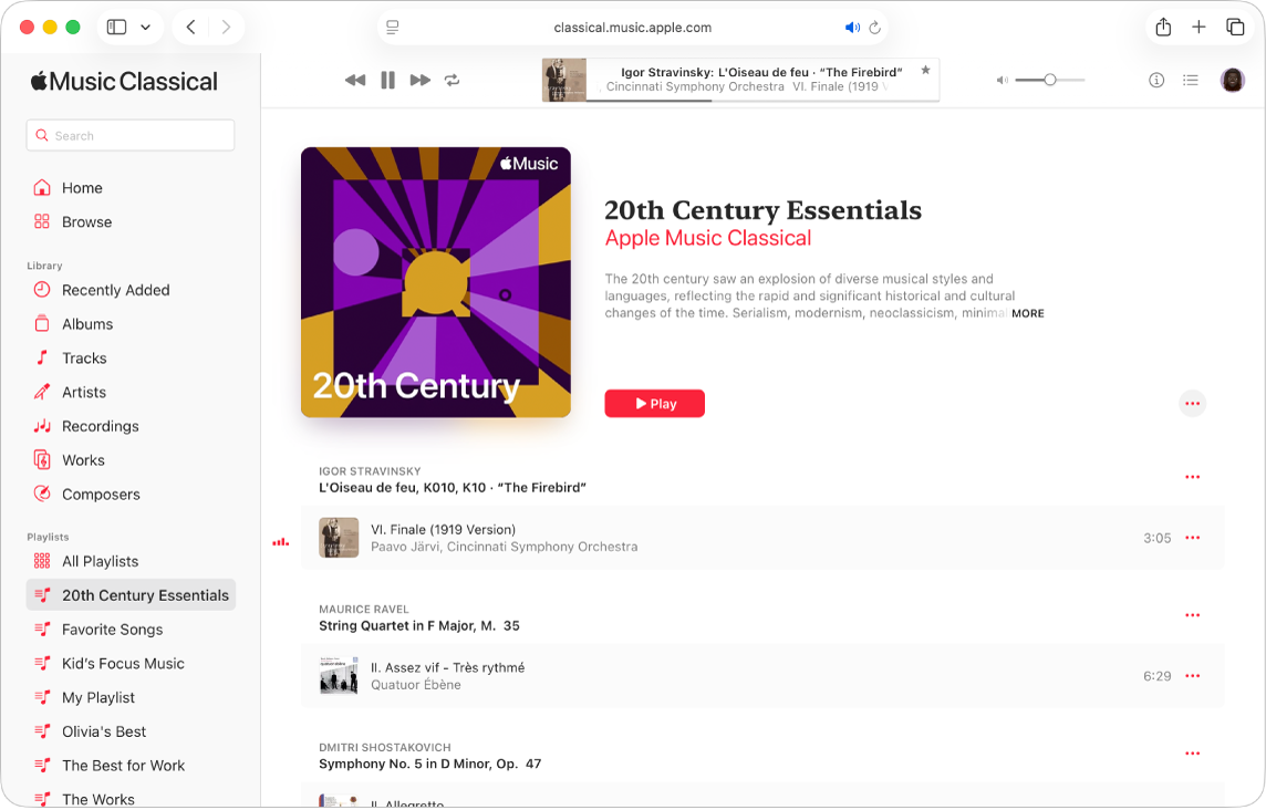 החלון של Apple Music Classical ב-Safari עם פלייליסט שמציג מספר יצירת ורצועה שמתנגנת בחלק העליון של המסך.