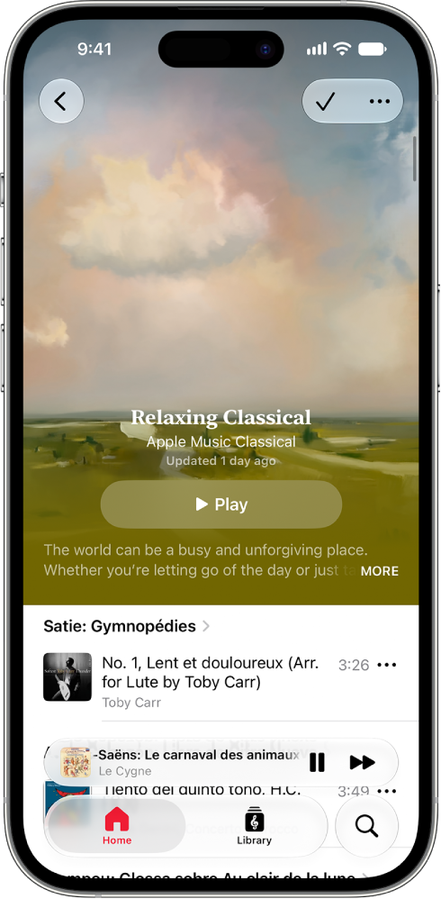 An iPhone showing a playlist in Apple Music Classical and a track playing at the bottom of the screen.