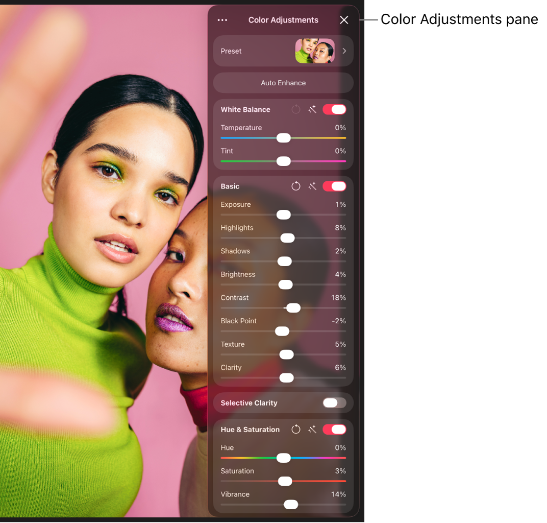 A photo in the canvas, with the Color Adjustments pane open showing controls for modifying various parameters of color and exposure.