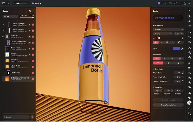 Ilustración de una botella en la ventana de la app Pixelmator.