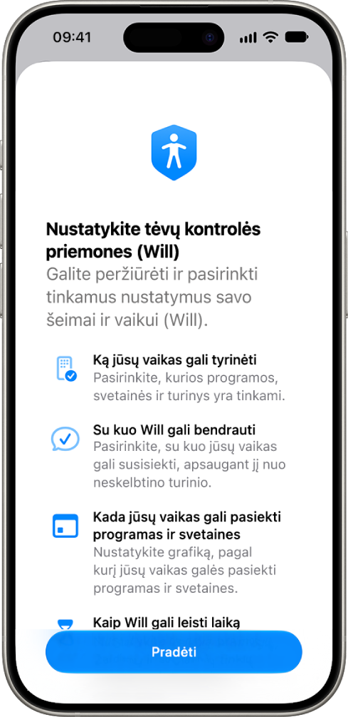 Tėvų kontrolės priemonių nustatymo ekranas su parinktimis pradėti.