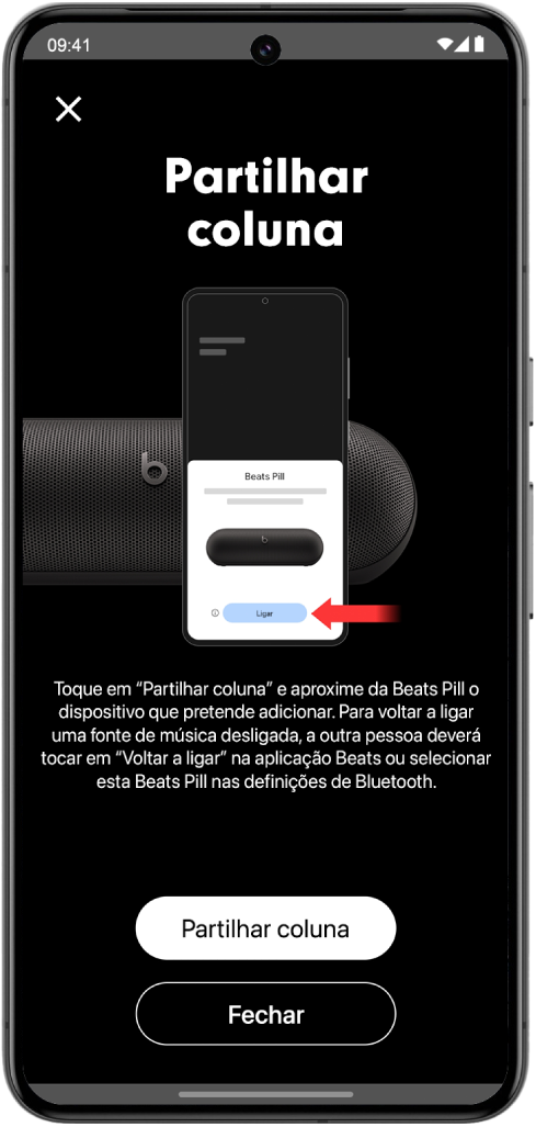 O ecrã “Partilhar coluna” na aplicação&nbsp;Beats apresenta os botões “Partilhar coluna” e “Fechar”.
