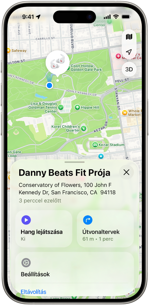 A Lokátor app képernyője az iPhone‑on a Beats&nbsp;Fit&nbsp;Pro helyével San Francisco térképén.