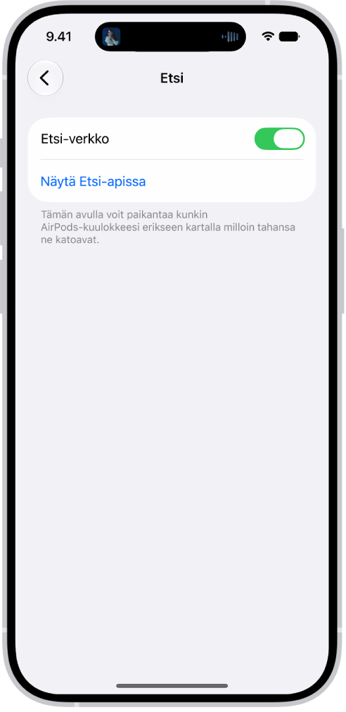 iPhonen Bluetooth-asetukset, joissa näkyy AirPods&nbsp;Pro -kuulokkeiden asetukset. Etsi-verkko on laitettu päälle, minkä ansiosta AirPods-kuulokkeet voidaan löytää yksitellen kartalta, jos ne joutuvat kadoksiin.