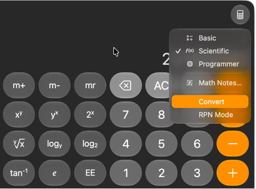 A calculator in scientific mode with the Calculator Mode menu open, and Convert highlighted.