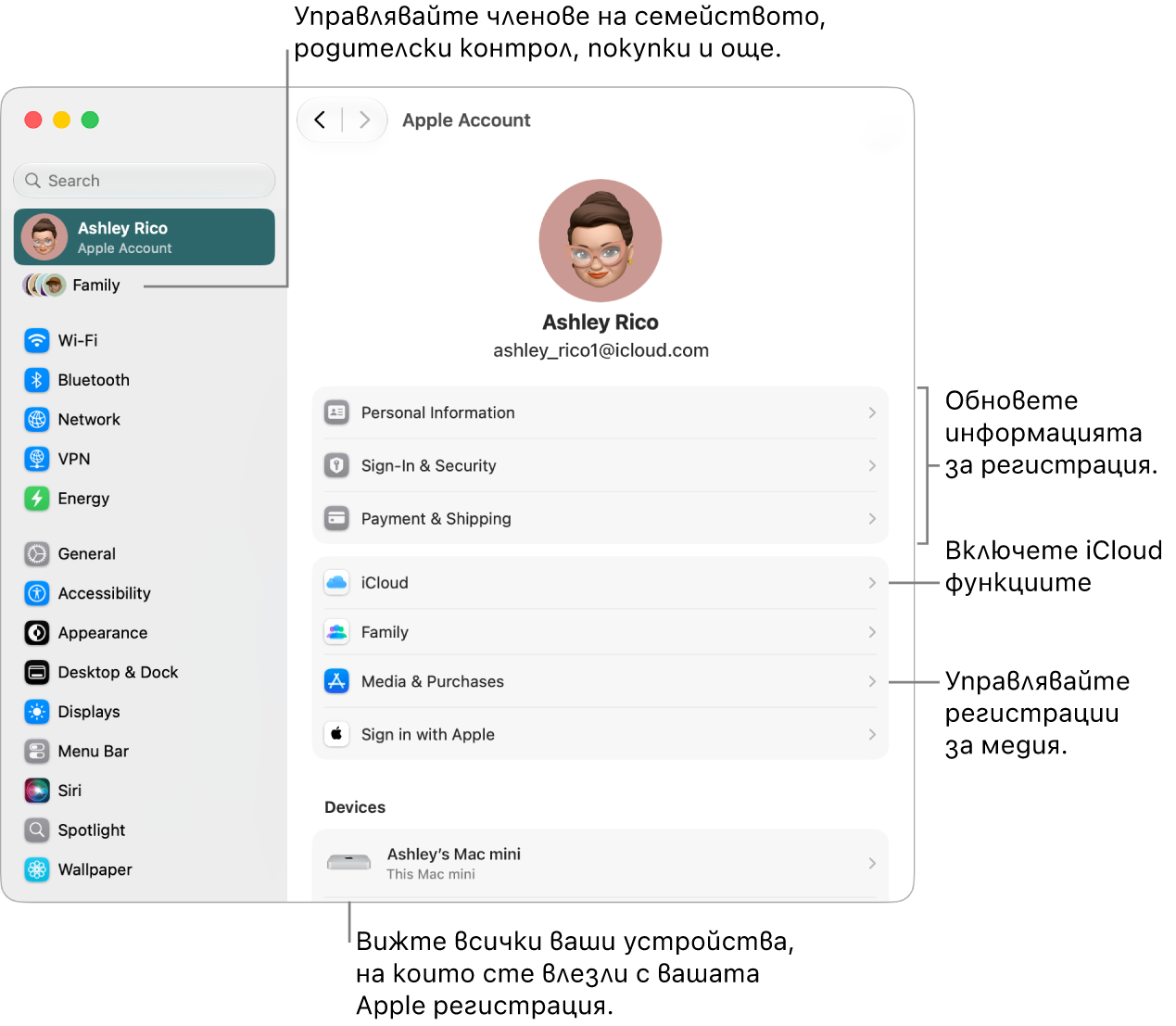 Настройките на Apple регистрация в System Settings (Системни настройки) с надписи за обновяване на информацията за регистрацията, включване и изключване на функциите на iCloud, управление на регистрации за медийно съдържание и настройки на Family (Семейство), от които можете да управлявате членовете на семейството, родителски контрол, покупки и други.