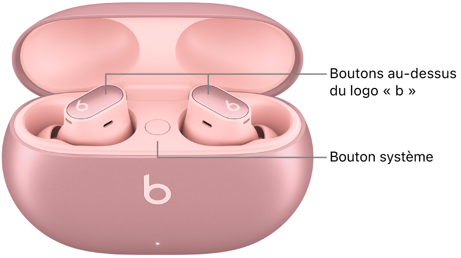 Image des Beats Studio&nbsp;Buds&nbsp;+ indiquant l’emplacement du bouton au-dessus du logo «&nbsp;b&nbsp;» sur les écouteurs, ainsi que l’emplacement du bouton système à l’intérieur du boîtier de charge.
